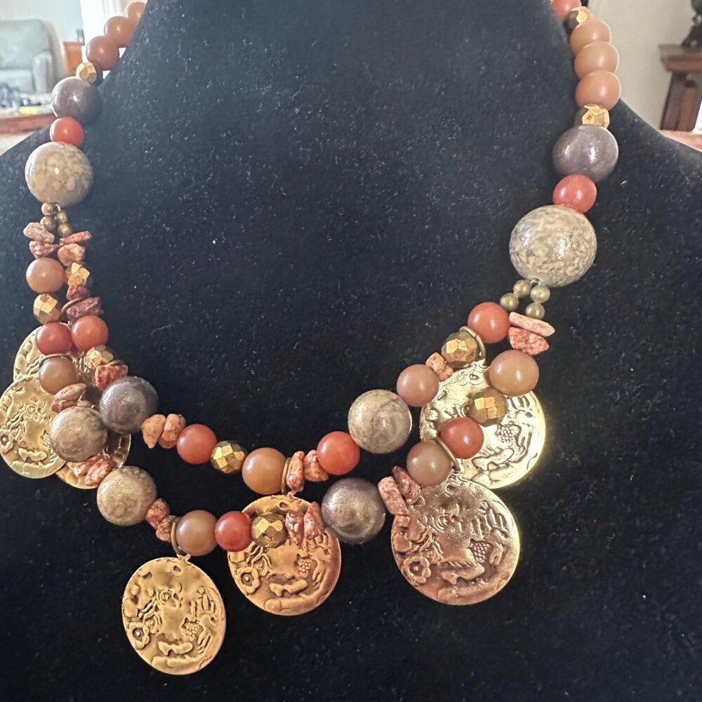 High-End Vintage Coin & Jasper Statement Necklace – Ancient World Aesthetic